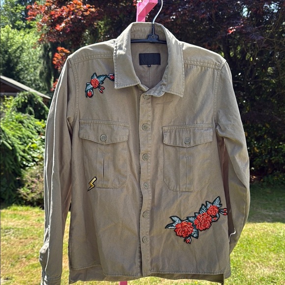 Tan Lightweight Shirt Jacket with Embroidered Butterflies - Picture 1 of 6